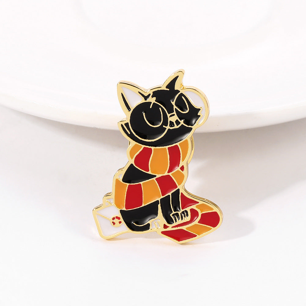 Cat wearing scarf enamel brooch