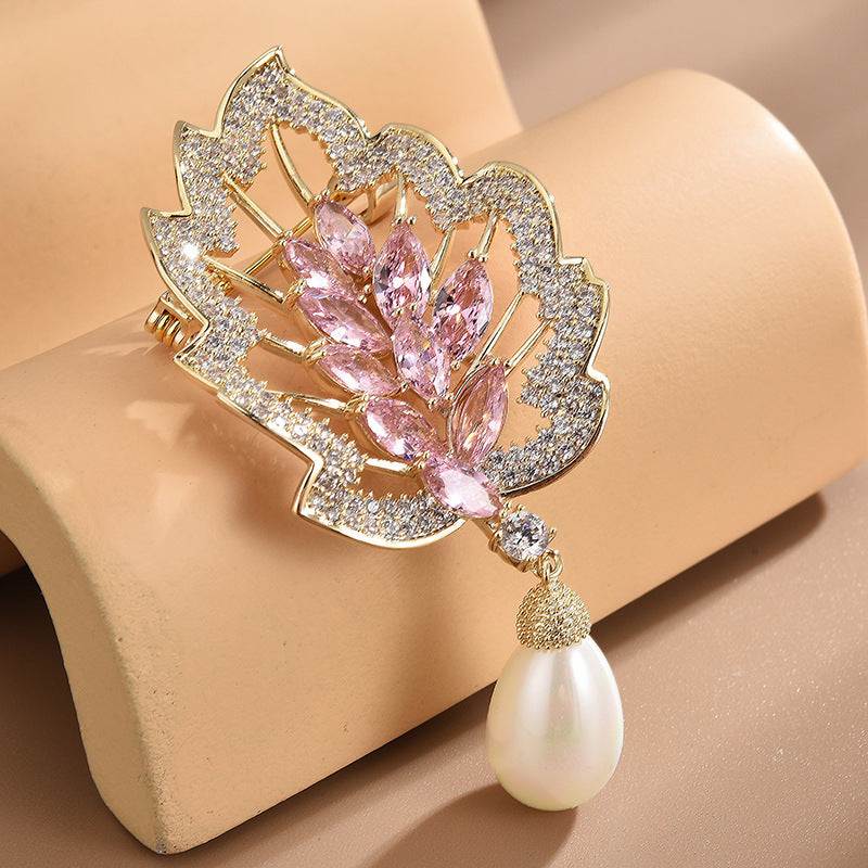 Elegant pearl leaf zircon brooch