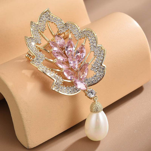 Elegant pearl leaf zircon brooch