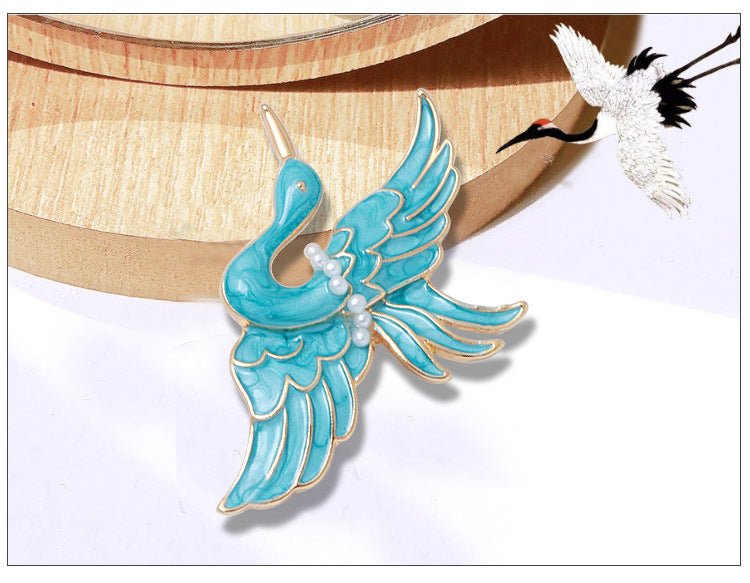 Blue Crane Brooch Enamel Drop Oil Pearl Brooch - Broochs- Brooch - Broochs -