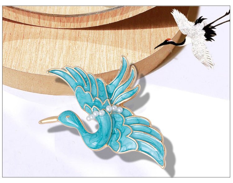 Blue Crane Brooch Enamel Drop Oil Pearl Brooch - Broochs- Brooch - Broochs -