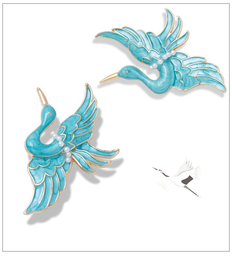 Blue Crane Brooch Enamel Drop Oil Pearl Brooch - Broochs- Brooch - Broochs -