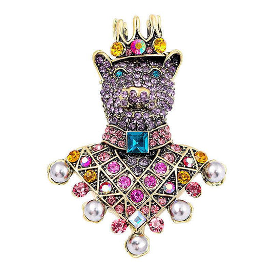 Crystal crown bear brooch