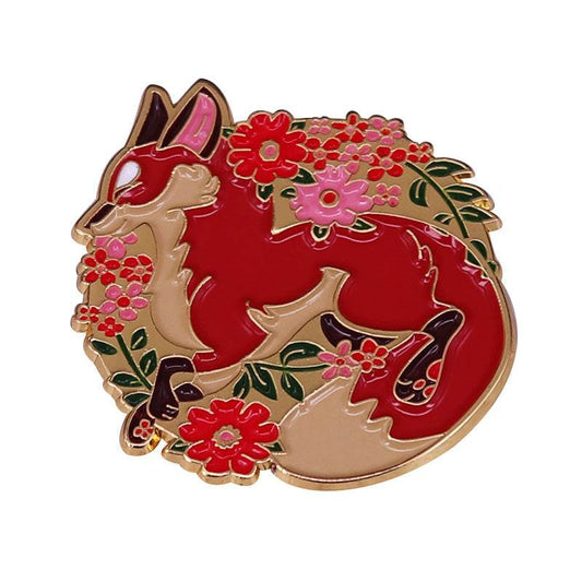 Red fox and wildflower enamel brooch