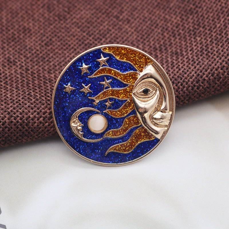 Compatible with Apple, Retro Milky Way Stars And Moon Badge Helios Round Oil Drop Diamond Pearl Brooch - Broochs- Brooch - Broochs -