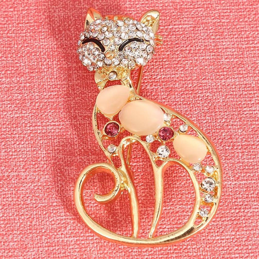 Golden Cat Inlaid Diamond Alloy Brooch Personality Fashion Pin All-Match Simple Clothing Accessories - Broochs- Brooch - Broochs -