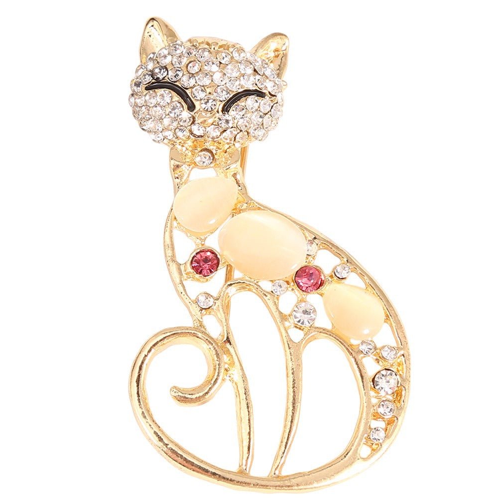 Golden Cat Inlaid Diamond Alloy Brooch Personality Fashion Pin All-Match Simple Clothing Accessories - Broochs- Brooch - Broochs -
