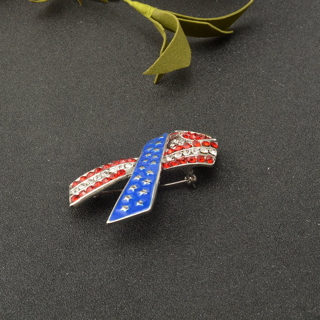 Green Alloy Clothing Pin Ribbon Brooch Diamond American Flag Brooch - Broochs- Brooch - Broochs -