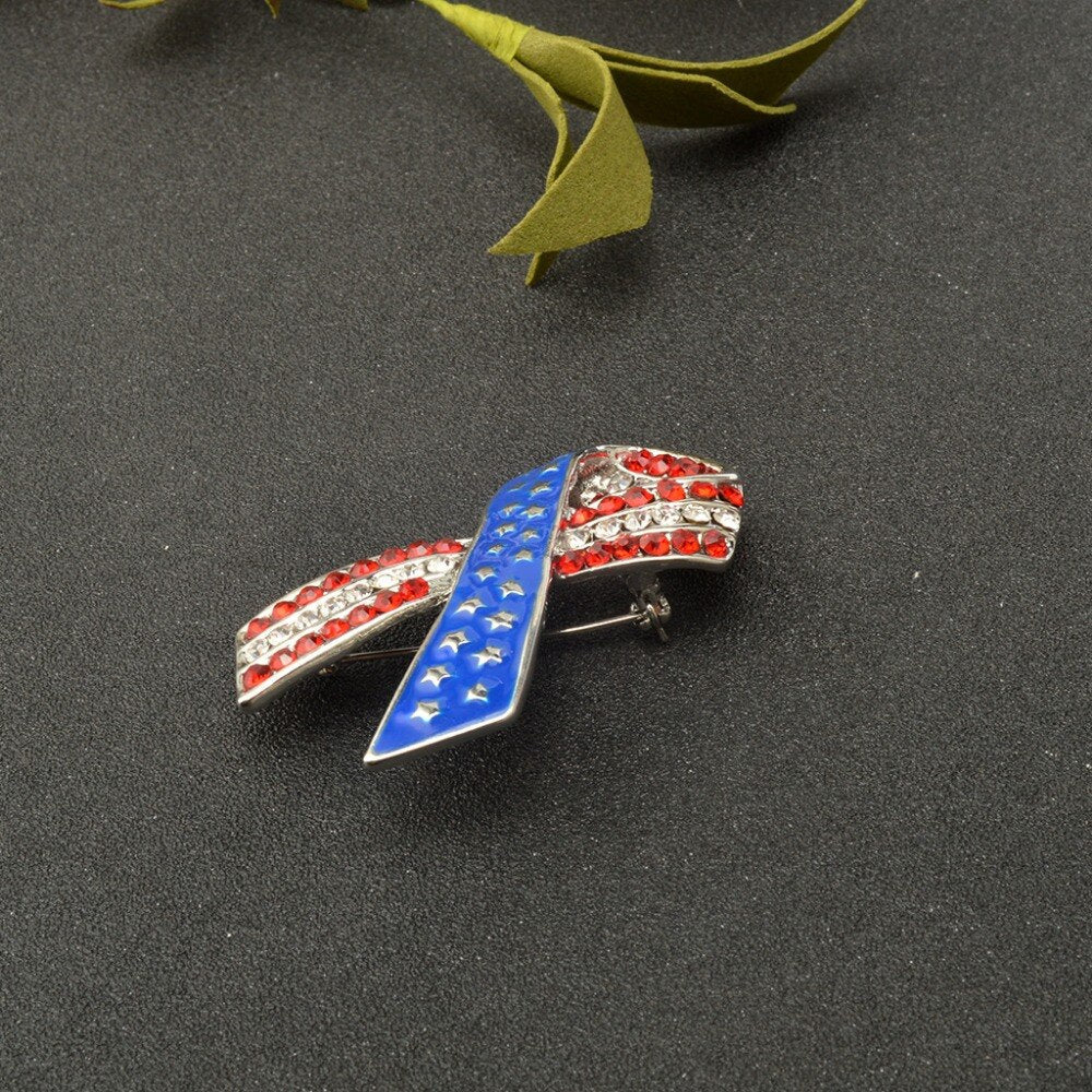 Green Alloy Clothing Pin Ribbon Brooch Diamond American Flag Brooch - Broochs- Brooch - Broochs -