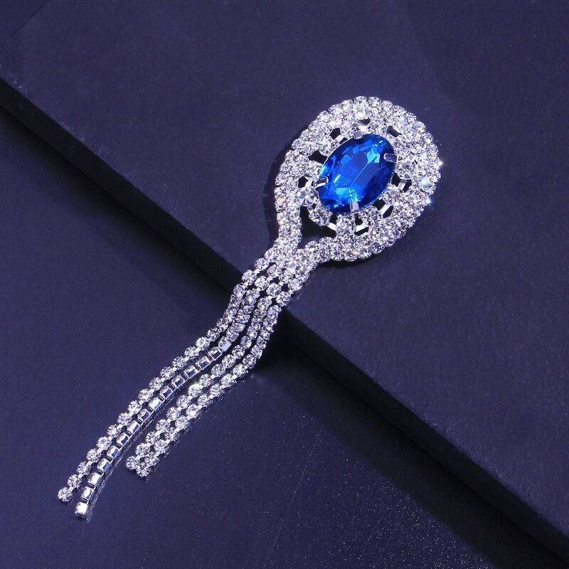 Rhinestone Brooch With Diamonds And Tassels Brooch Sapphire - Broochs- Brooch - Broochs -