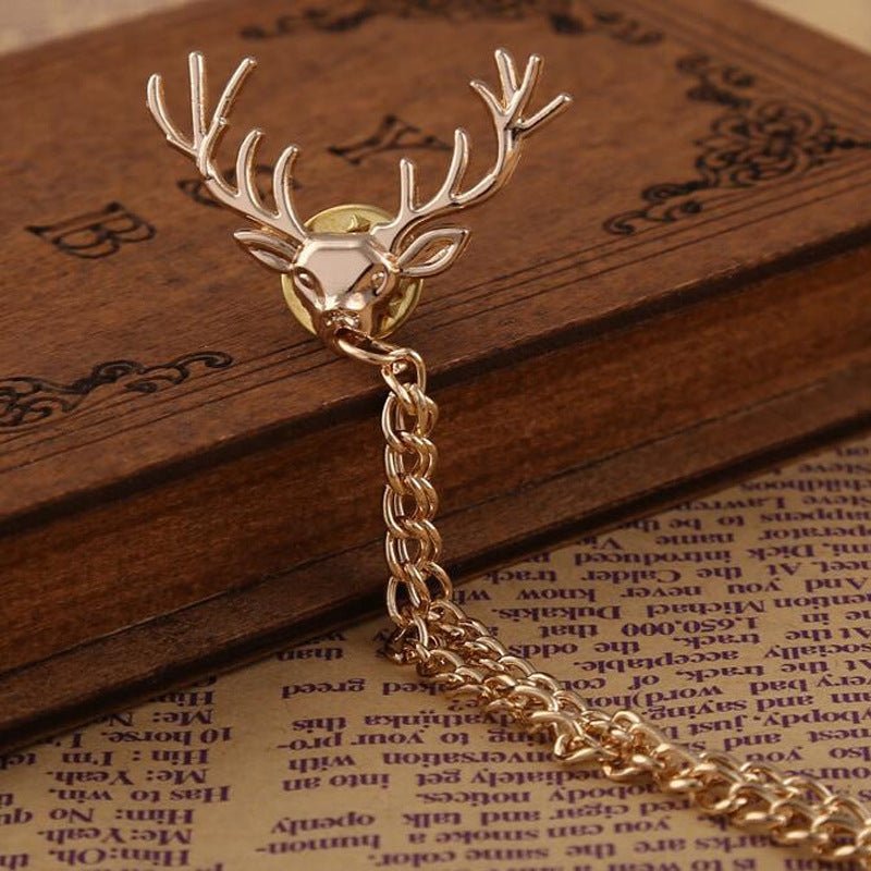 Tassel Chain Deer Head Collar Pin Men's Brooch - Broochs- Brooch - Broochs -