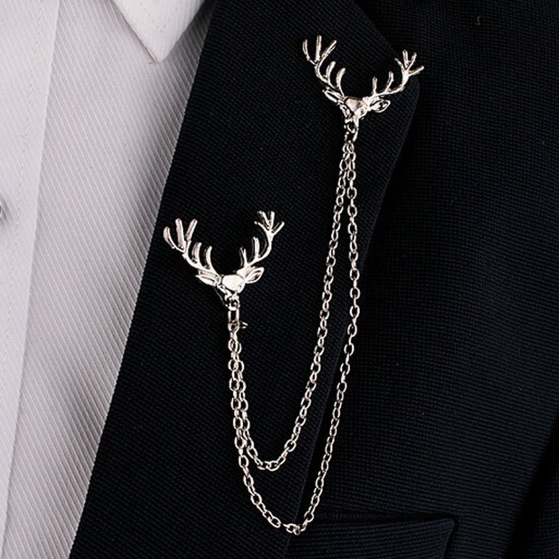 Tassel Chain Deer Head Collar Pin Men's Brooch - Broochs- Brooch - Broochs -