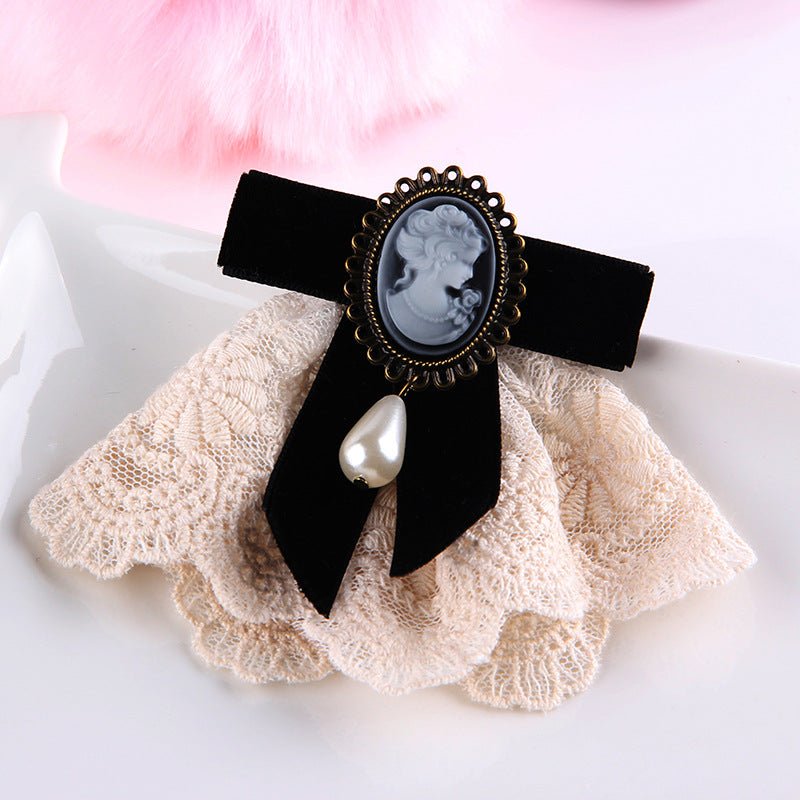 Vintage Handmade Lace Pearl Velvet Sweater Pin Coat Bow Brooch - Broochs- Brooch - Broochs -