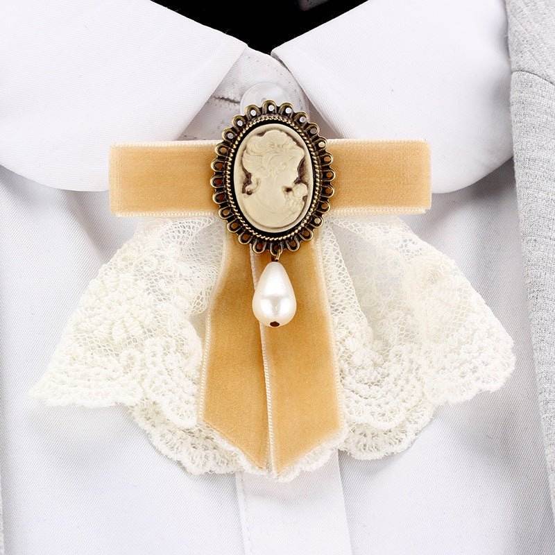 Vintage Handmade Lace Pearl Velvet Sweater Pin Coat Bow Brooch - Broochs- Brooch - Broochs -