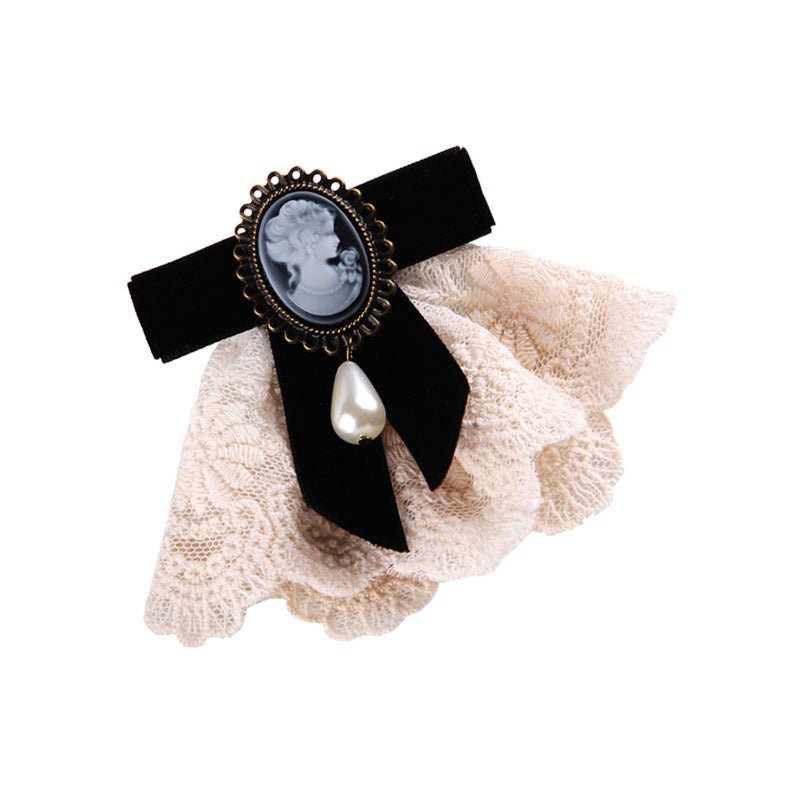 Vintage Handmade Lace Pearl Velvet Sweater Pin Coat Bow Brooch - Broochs- Brooch - Broochs -
