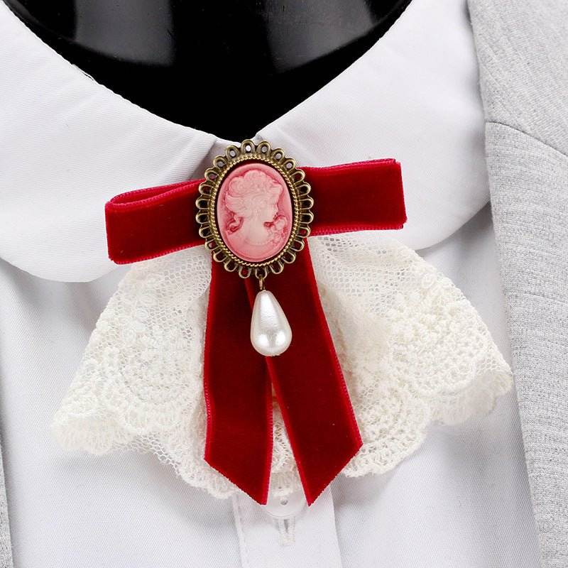 Vintage Handmade Lace Pearl Velvet Sweater Pin Coat Bow Brooch - Broochs- Brooch - Broochs -