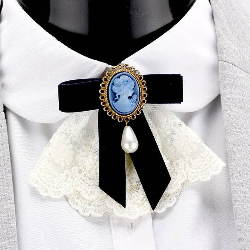 Vintage Handmade Lace Pearl Velvet Sweater Pin Coat Bow Brooch - Broochs- Brooch - Broochs -