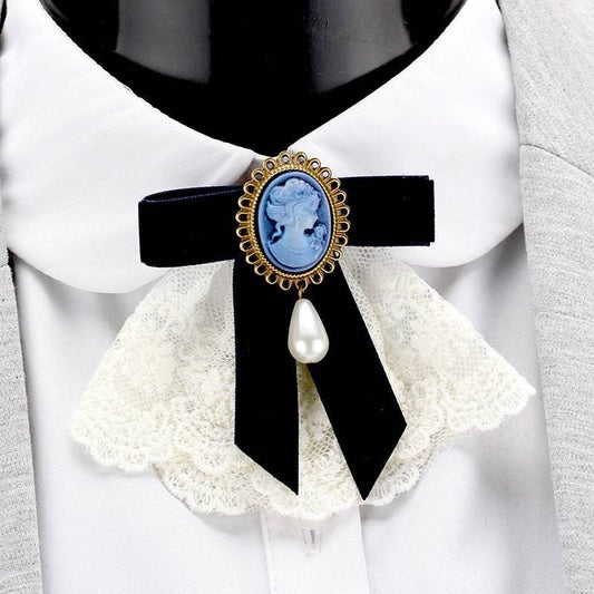 Vintage Handmade Lace Pearl Velvet Sweater Pin Coat Bow Brooch - Broochs- Brooch - Broochs -