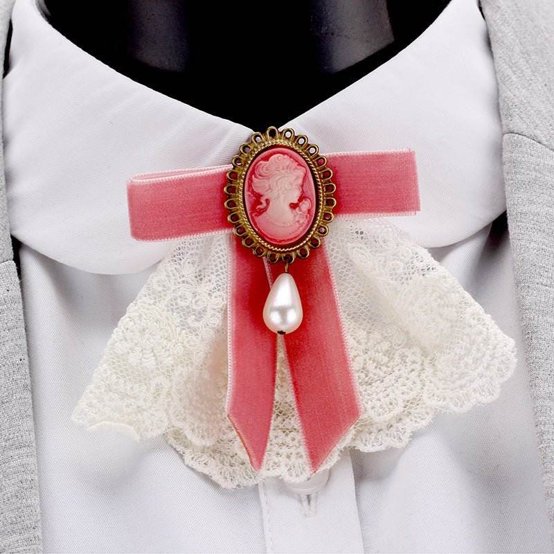 Vintage Handmade Lace Pearl Velvet Sweater Pin Coat Bow Brooch - Broochs- Brooch - Broochs -